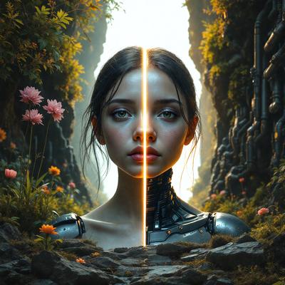 The primary subject of the image is a woman with a metal arm. She is standing in a rocky, flower-filled environment, which serves as the setting for the scene. The visual style of the image is digital art, as it is a computer-generated illustration. The dominant colors in the image are a mix of earthy tones and vibrant hues from the flowers, creating a moody yet lively atmosphere.